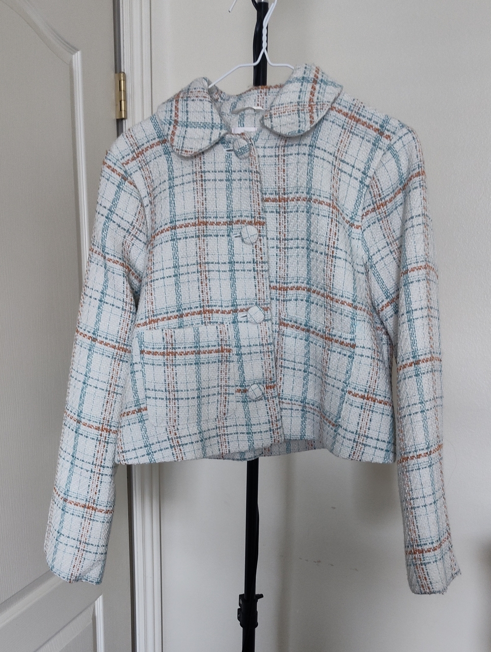 LC Lauren Conrad Cream Plaid Cropped Tweed Jacket - Picture 1 of 10